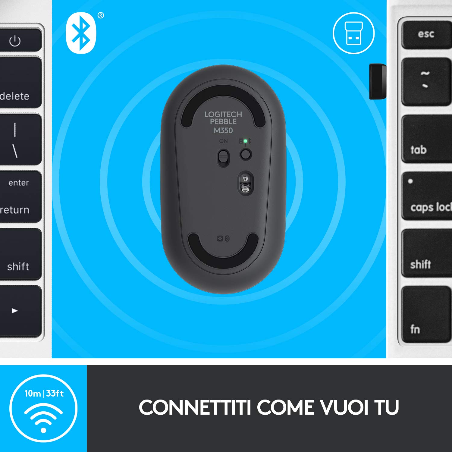 Logitech Pebble Mouse Wireless Con Bluetooth O Ricevitore Da 2.4 Ghz, Mouse Sottile Per Computer Con Clic Silenziosi, Per Laptop, Notebook, Ipad, Pc, Mac, Chromebook, Nero