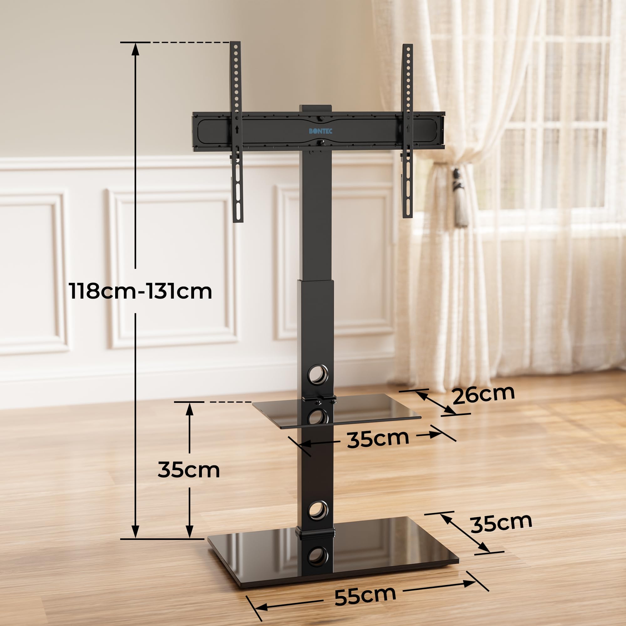 BONTEC TV Ständer für 30-70 Zoll Fernseher, 2 Glasablagen, bis zu 40 kg