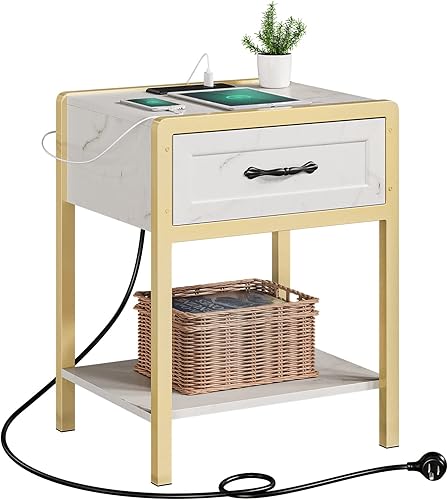 Miniatura 1 de Amyove Mesita de noche con estación de carga, mesa auxiliar con cajón de grano de mármol de madera, estante de almacenamiento abierto y marco dorado