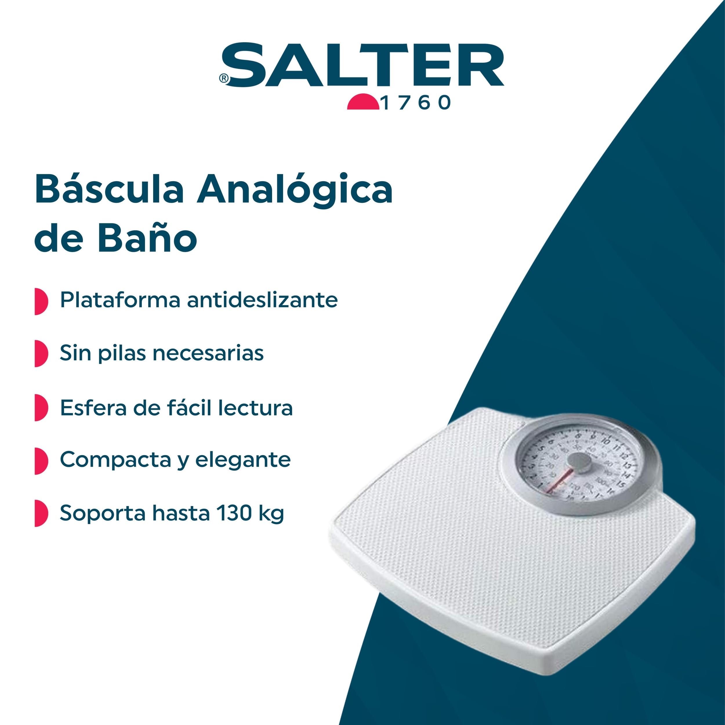 Salter Báscula mecánica analogica de baño, peso máx de 130 kg, plataforma amplia, plana y estable sin pilas, fácil de leer, medidas en imperial y métrica, estilo vintage, blanca