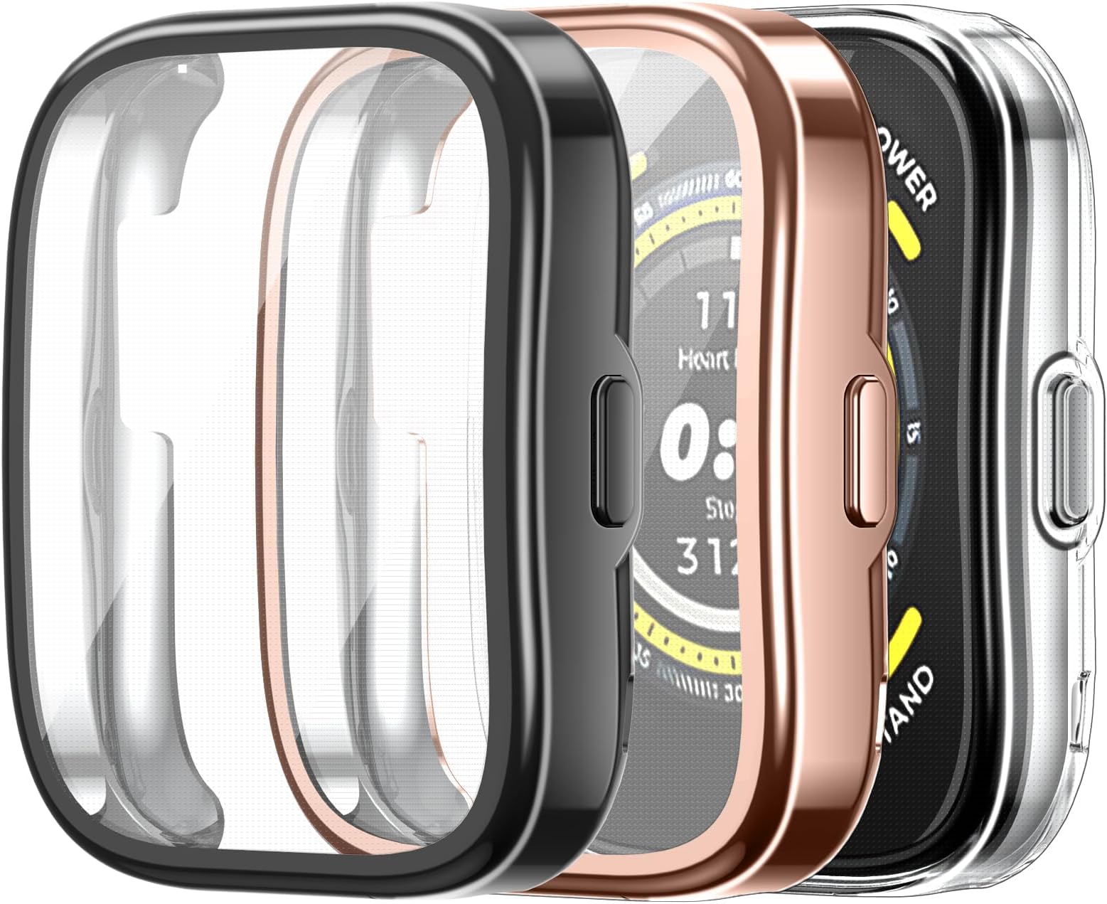 3 Packs Screen Protector Case Compatible with Amazfit Bip 5, Soft TPU Plated Bumper Full Protective Cover Cases Scratch-Proof, Black/Rose Gold/Clear