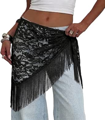 HengShunRui Women's Lace Fringe Hip Scarf Tassel Wrap Around Skirt Black