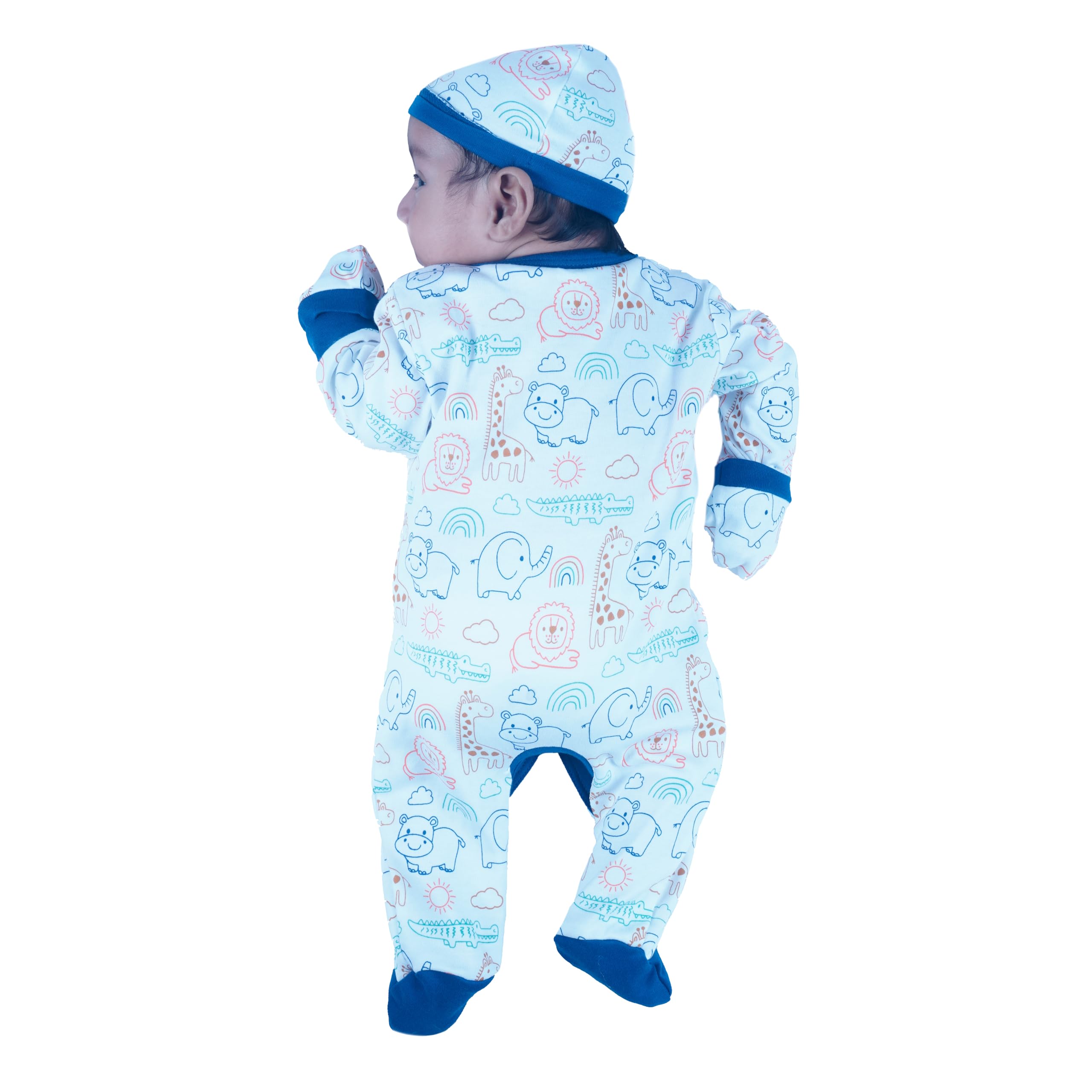 AURA STITCH Baby Boy & Baby Girl Cotton Printed Sleepsuit with Cap | Soft Full Sleeve Romper for Newborns & Infants | Front-Open Night Suit Light Blue 1