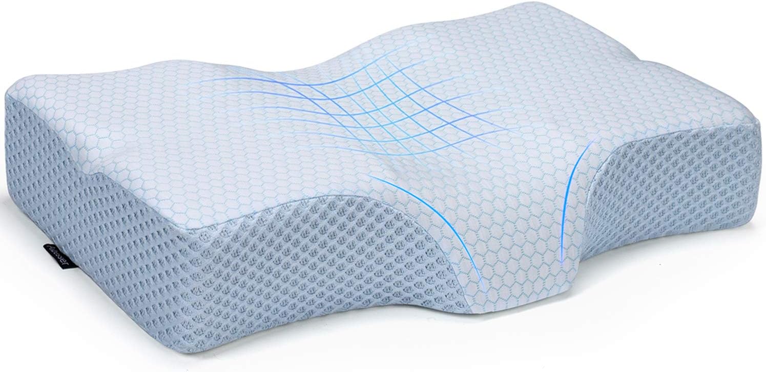Adkwse Memory Foam Pillow, Orthopedic Contour Sleeping Pillows, Cervical Pillow for Neck Pain - Neck Support Bed Pillow for Side , Back and Stomach Sleepers, Washable Ice Silk Cover (Blue+Ice Silk)