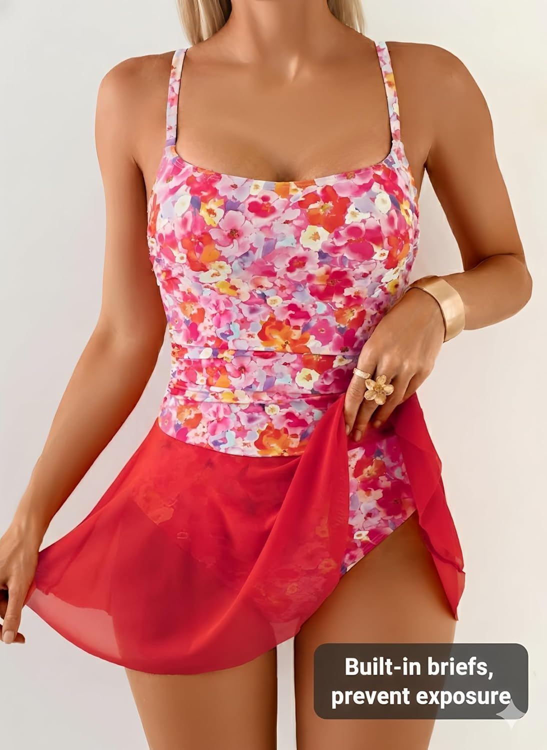 Women's Mesh Skirted One Piece Swimsuit Tropical Printed Backless Swimdress Tummy Control Bathing Suit Tie Back - Image 5