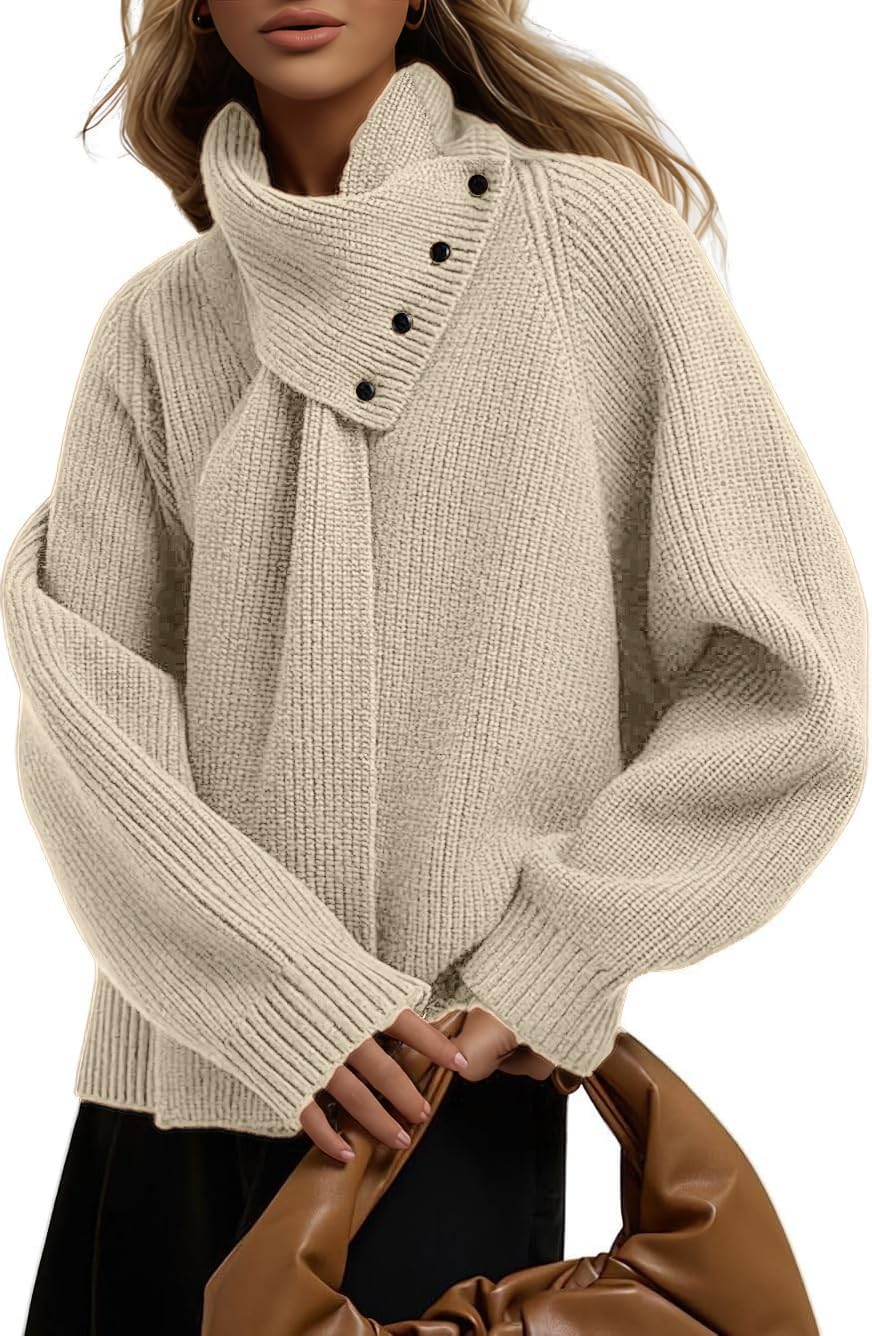 Women V Neck Sweater with Buttons Pullovers Tops for Women with Scarf 2025 Winter Fall Fashion