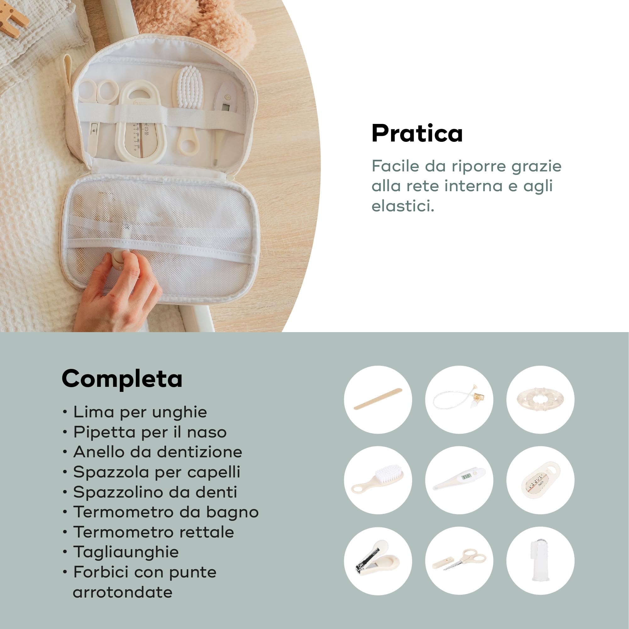 Babymoov Set per l'Igiene e Cura del Bambino, 9 Accessori Indispensabili, Color Sabbia