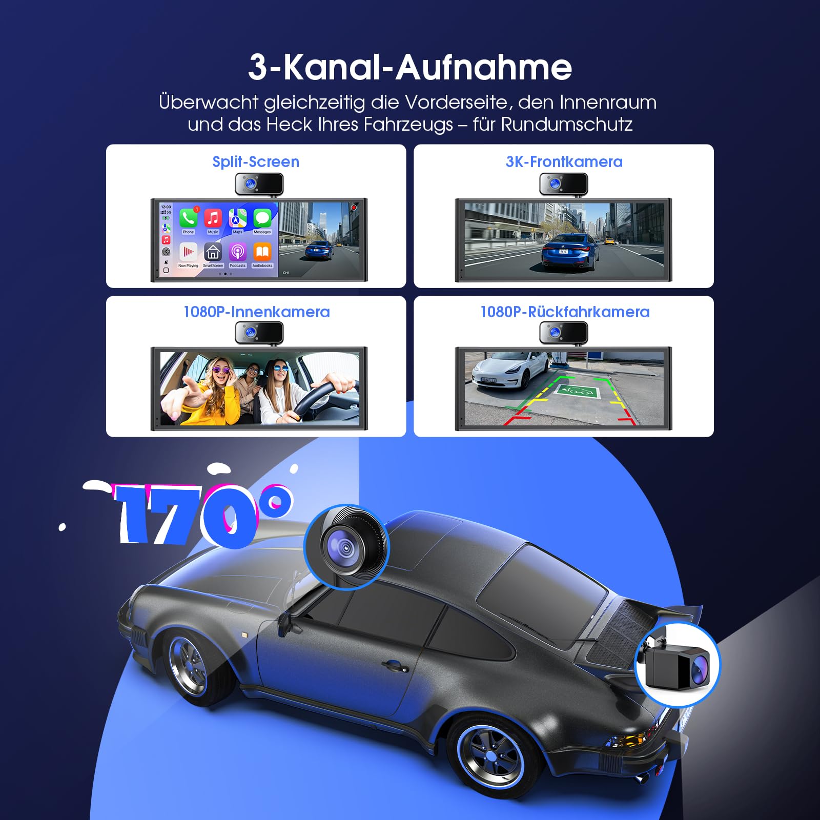 Avylet 10,26" 60FPS CarPlay Display mit 4K/1080P 3-Kanal-Videoaufnahme, kompatibel mit Apple CarPlay/Android Auto, 64GB Karte, OTA-Updates, GPS, Mirror Link, Sprachsteuerung, Bluetooth/AUX/FM