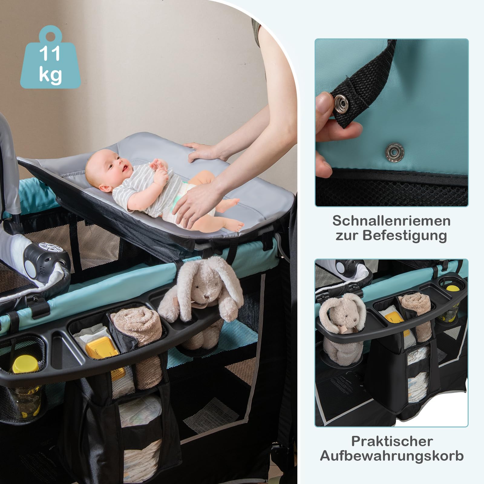 DREAMADE Reisebett mit Matratze,6-in-1 Babybett, Reisegitterbett mit Bassinet, Windelwechsel Tisch, Aufbewahrungstasche, Musikbox, Hängespielzeug, Abschließbare Räder, für 0-36 Monate (Grün)
