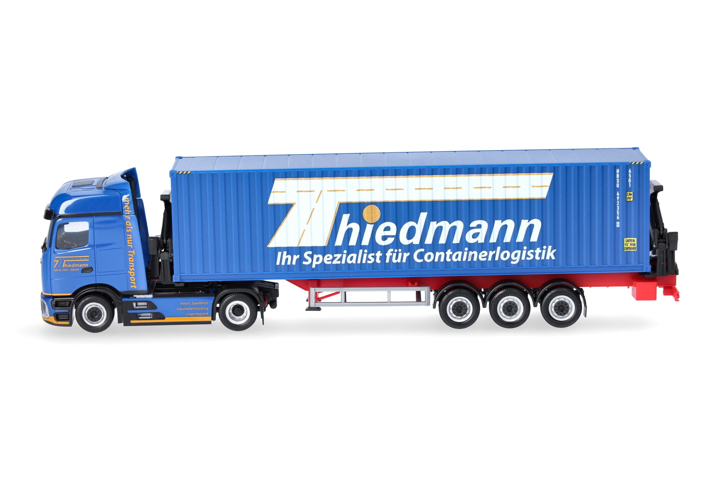 Herpa LKW Modell Mercedes-Benz Actros L ProCabin Bigspace Container-Seitenlader Thiedmann, Miniatur im Maßstab 1:87, Sammlerstück, Made in Germany, Kunststoff
