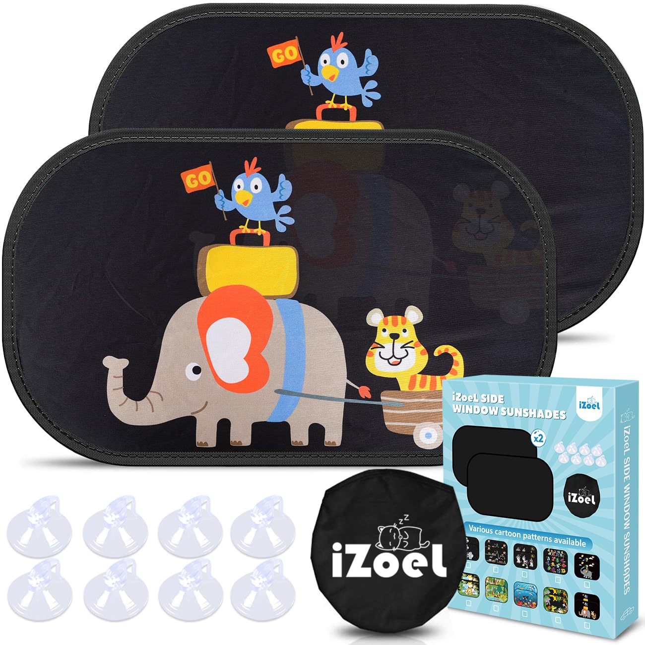 iZoeL Parasole Auto per Bambini, 2 Pezzi Parabrezza Finestrino Laterale, Motivo Gara di Elefanti, Autoadesivo, 8 Ventose, Custodia, 51 x 31 cm, Universale Protezione Solare E UV
