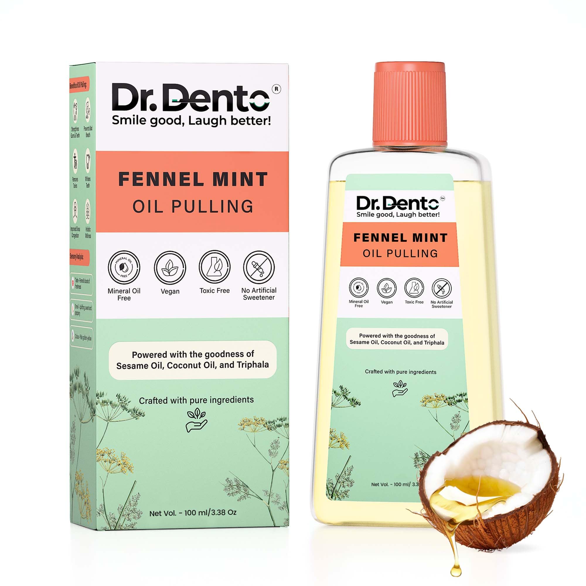Dr.Dento Fennel Mint Oil Pulling | Ayurvedic Oral Care | All-Natural Coconut Oil Blend for Fresh Breath & Detox | Healthy Teeth & Gums (100 ML)