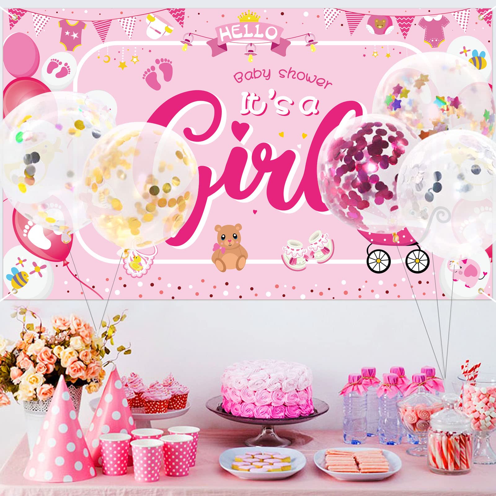 DPKOW It's A Girl Fabric Photo Backdrop Banner for Baby Shower Decoration
