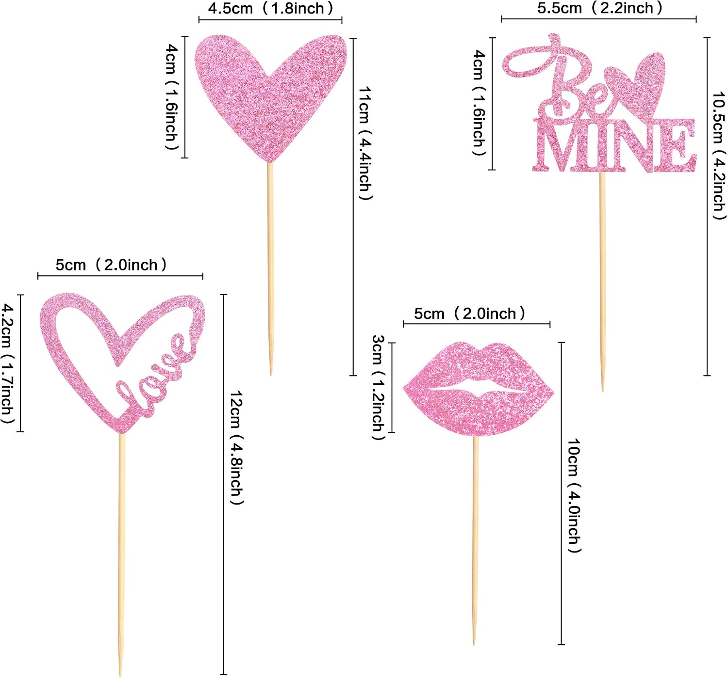 24Pcs Happy Valentine's Day Cupcake Toppers Pink Glitter Love Heart Sexy Lip Be Mine Cupcake Picks Valentine Day Theme Wedding Bridal Shower Birthday Party Cake Decorations Supplies