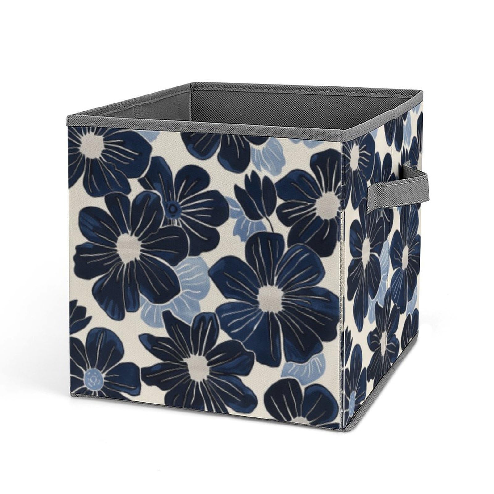 FHEDMN Sturdy Oxford Fabric Folding Storage Bins - Navy Blue Flowers Foldable Clothes Organizer with Handles for Home, Wardrobe, Toys & Books | Durable Collapsible Storage Box