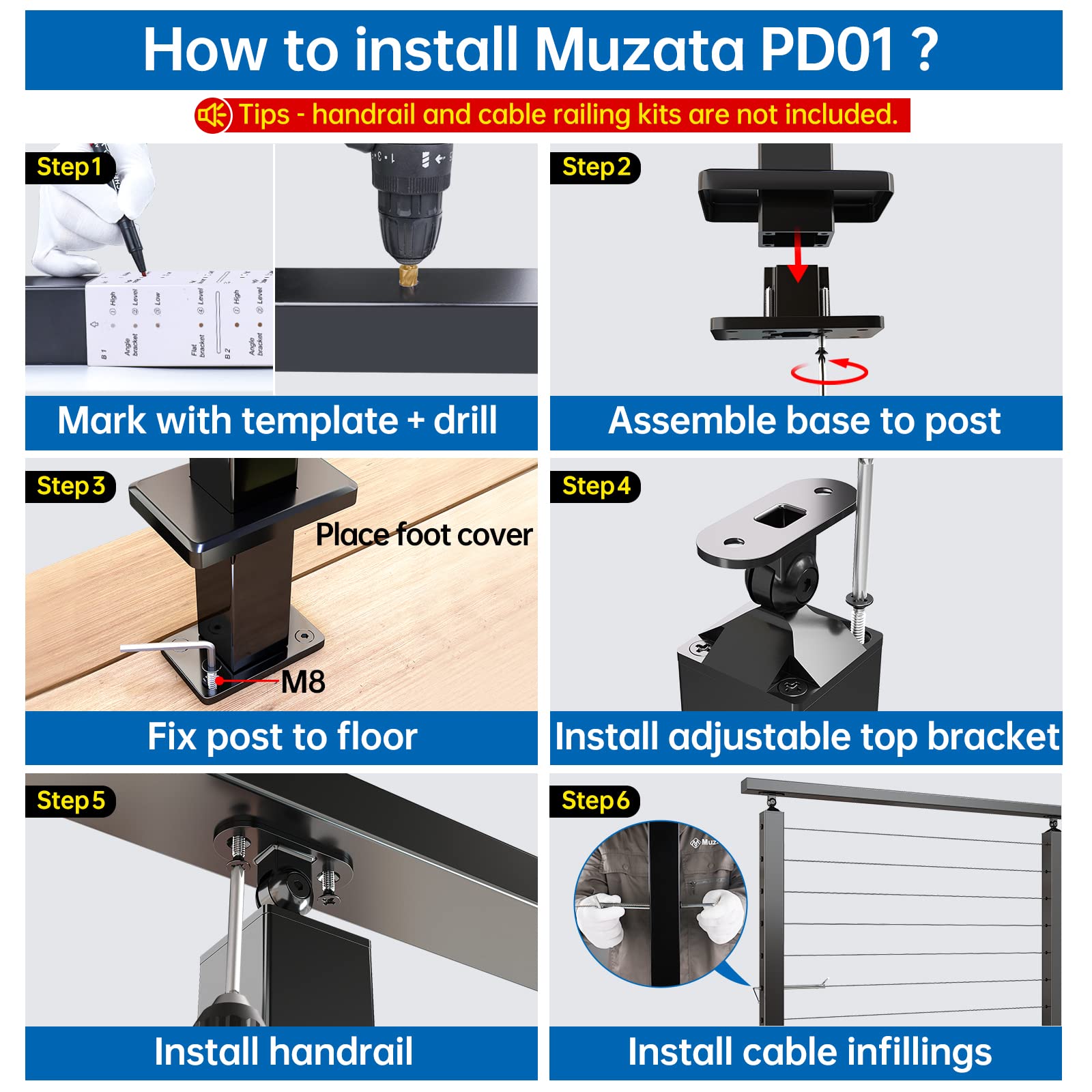 Muzata Undrilled Aluminum Post 42"X2"x2" (Post Body 39'') Adjustable Top Cable Railing Post Top Mount Assembled Black Finish Wood Concrete Level Deck Angle Stair, PD01 BNAL