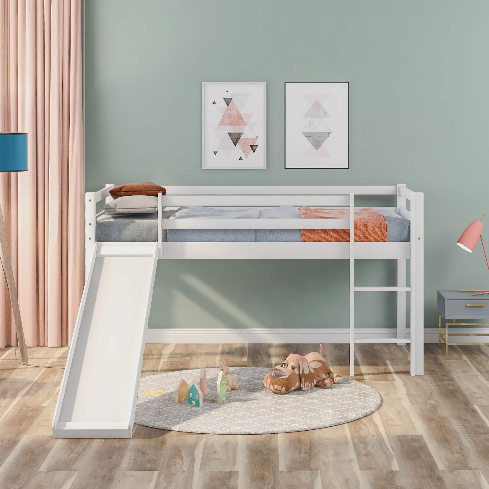 Cabin Beds for Kids Bunk Bed with Slide and Adjustable Ladder Solid