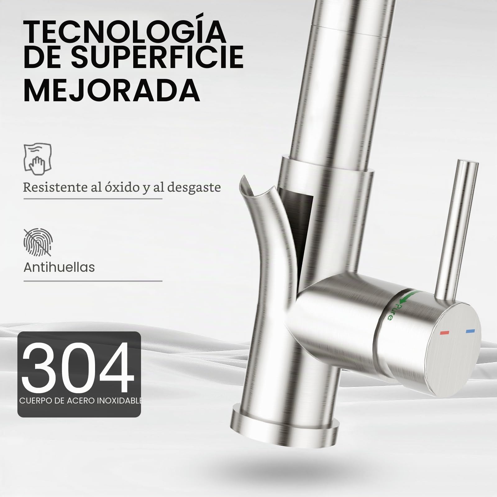 CREA Grifo de Fregadero para Cocina 3 Vías con Ducha Extraíble, Monomando para Purificador de Filtro de Agua y Sistemas de Ósmosis, cepillado