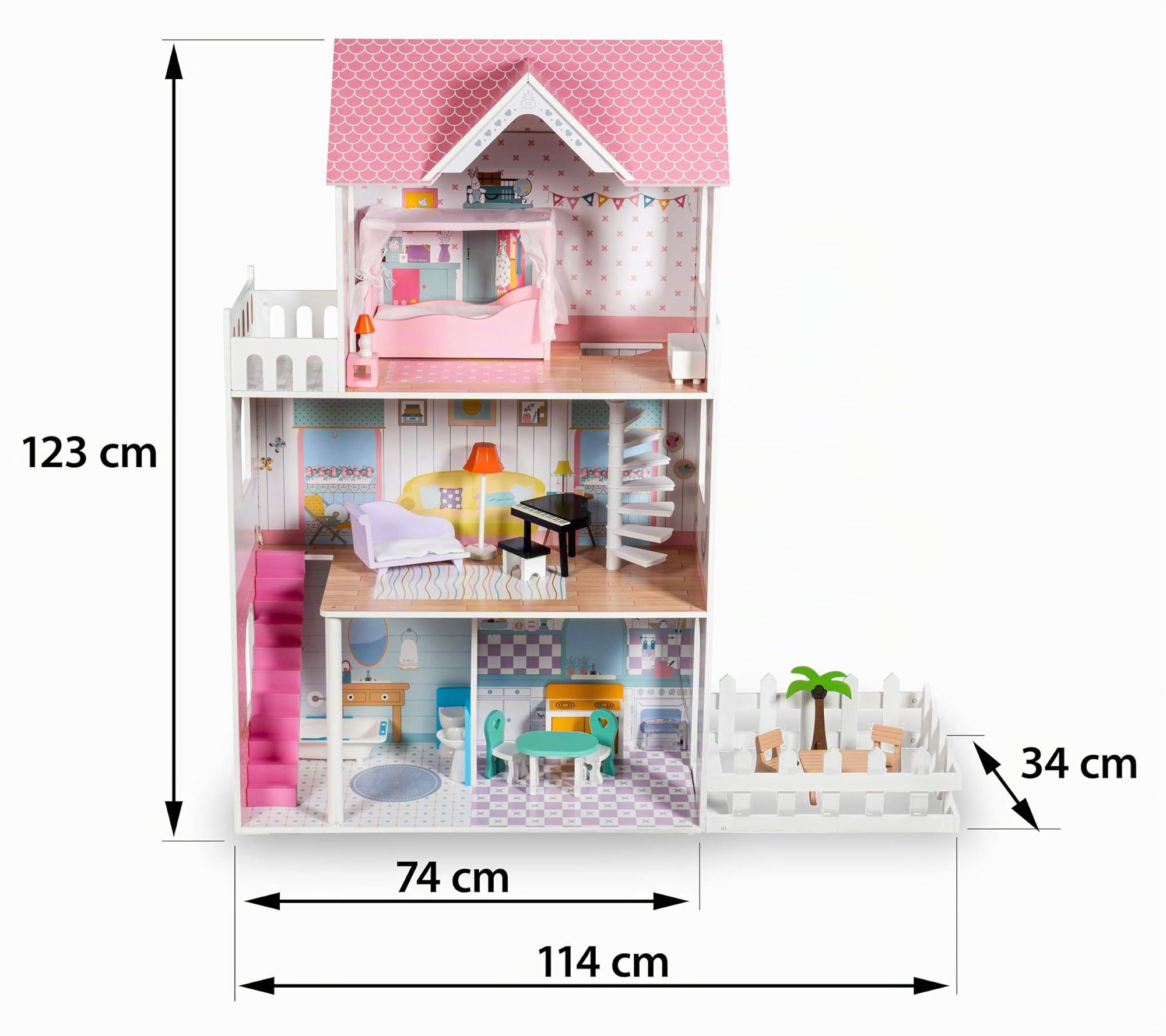 Mamabrum Casa de Muñecas de Madera XXL con LED – Casita de Muñecas de 3 Pisos con Muebles, Jardín y Accesorios – Casa de Barbie de Madera Educativa para Niñas +3 Años