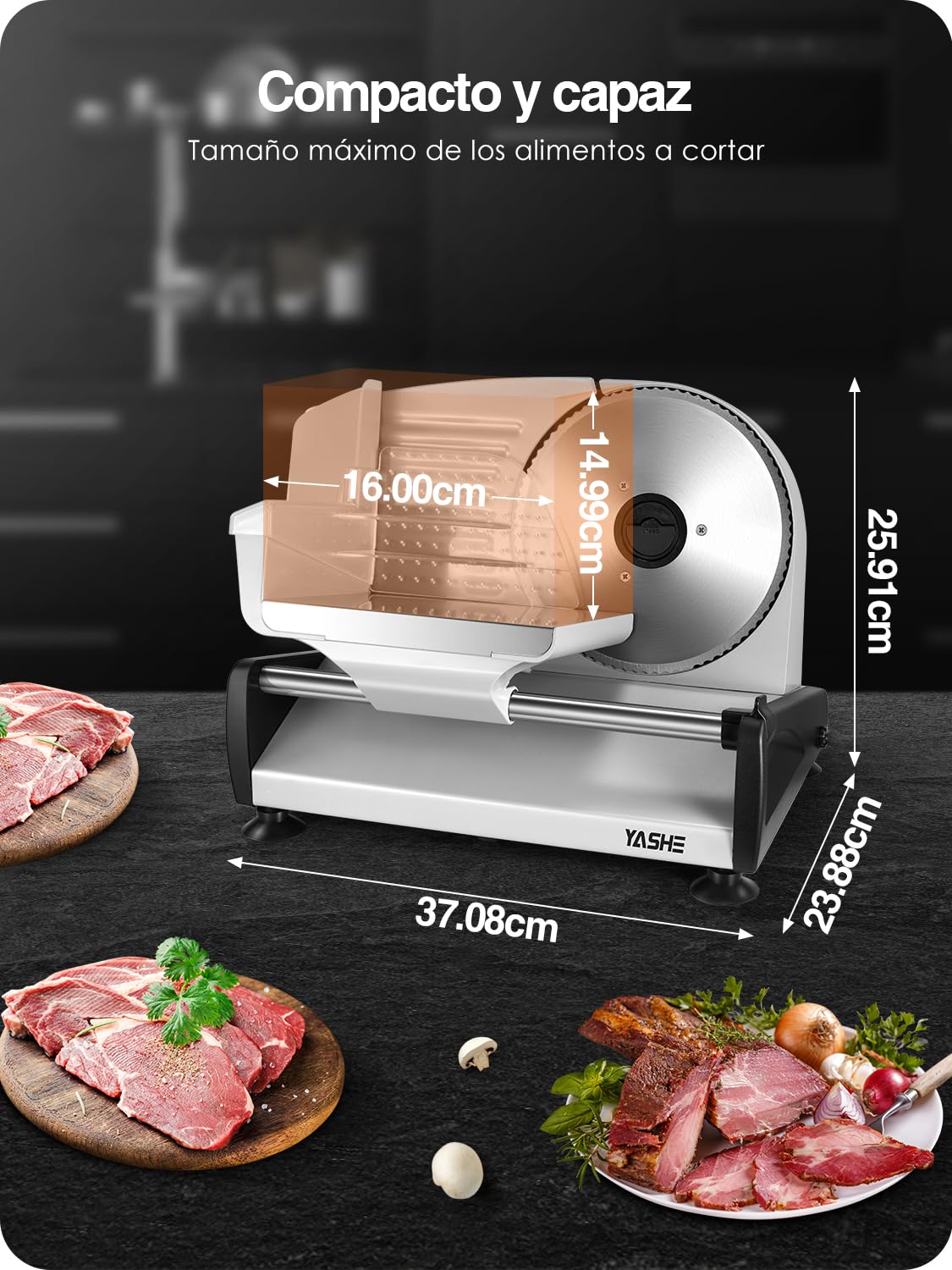 YASHE Cortadora De Fiambre, 150W Cortafiambres Para Carne Y Pan Con Cuchilla De Acero Inoxidable Removible 19cm, Grosor Ajustable 0–15mm, Bloqueo De Seguridad, Patas Ventosa Para Carne, Queso Y Pan