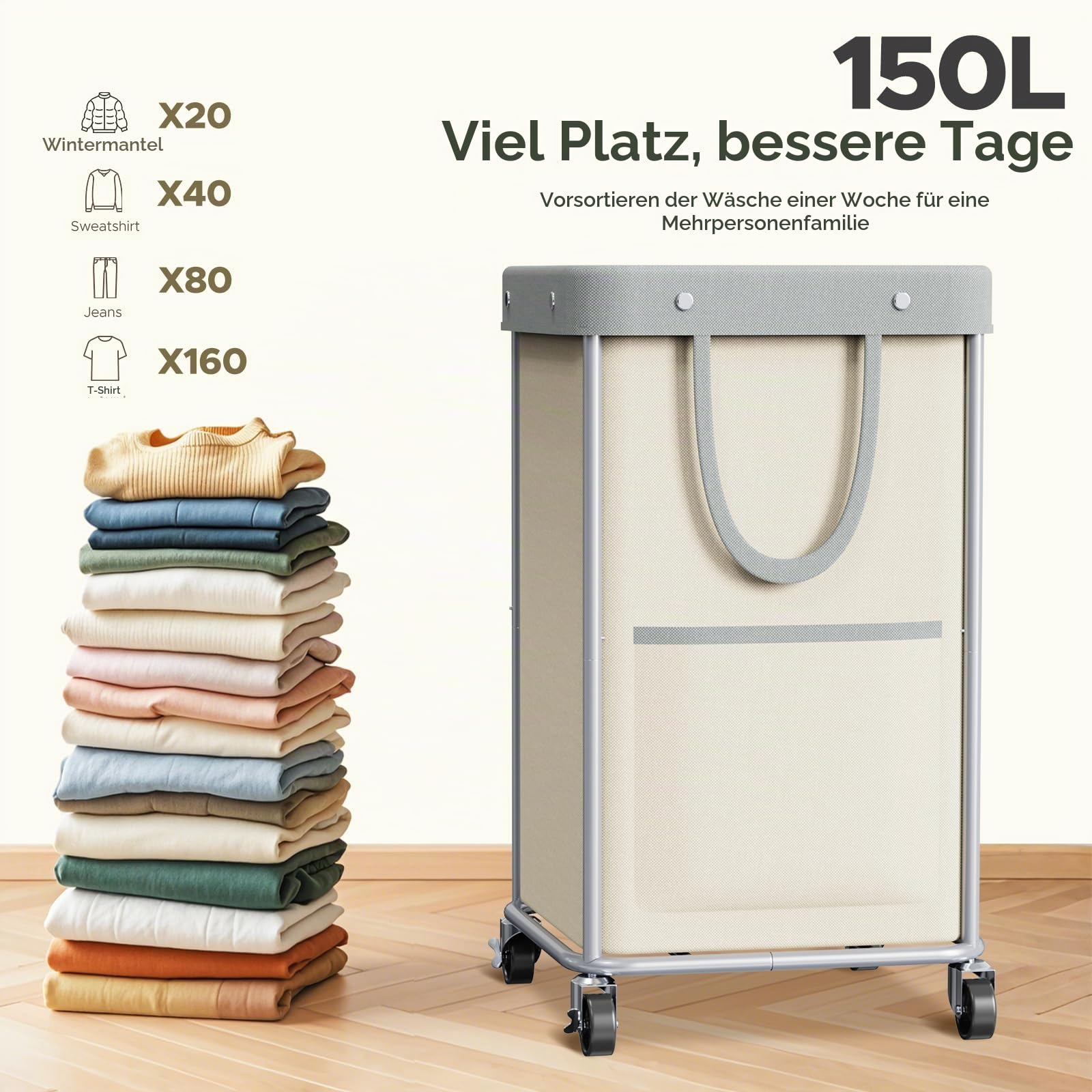 JYPS Wäschekorb, 150L Groß Wäschekorb mit Rollen&Griff, Wäschesammler mit Herausnehmbaren Wäschesack, Laundry Baskets Wäschebehälter,Waschesammelbox für Waschküche, Schlafzimmer, Badezimmer (Khaki)
