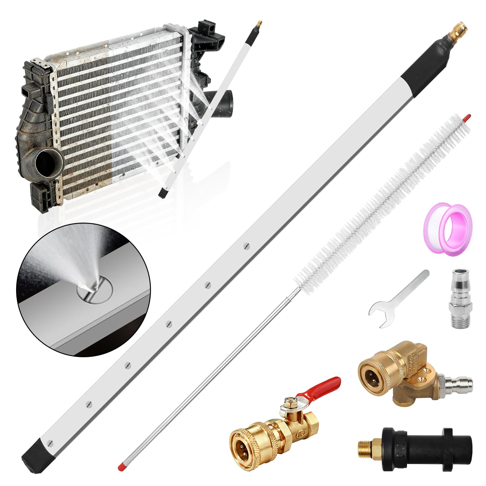 40" Radiator Cleaning Wand for Car, Water and Air Dual Use 3500 PSI Pressure Cleaning Tool with 25° Fan Nozzle, 4 Brass Connectors, Cleaning Brush, Wrench and Sealing Tape