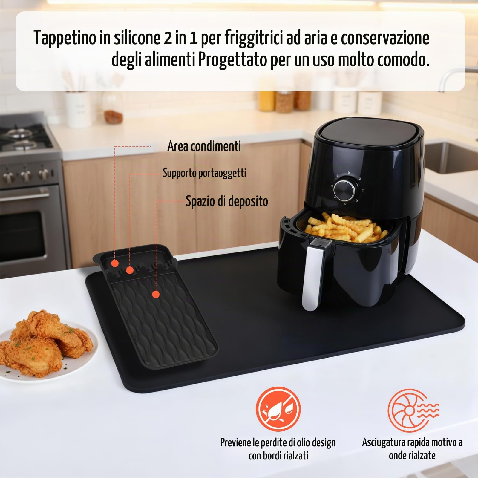 VINATO Tappetino Resistente al Calore per Friggitrice ad Aria, 65x40cm Tappetino Ignifugo in Silicone Antiscivolo Impermeabile, Protezione Piani di Lavoro per Macchine da Caffè Friggitrici ad Aria