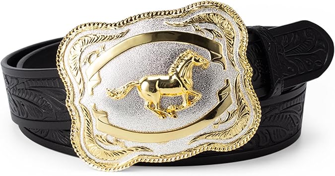 Mens Belt Golden Horse, Belt 3D Running Horse Pattern Buckle Retro Embossed Engraving Belt,Black,110CM/43.3