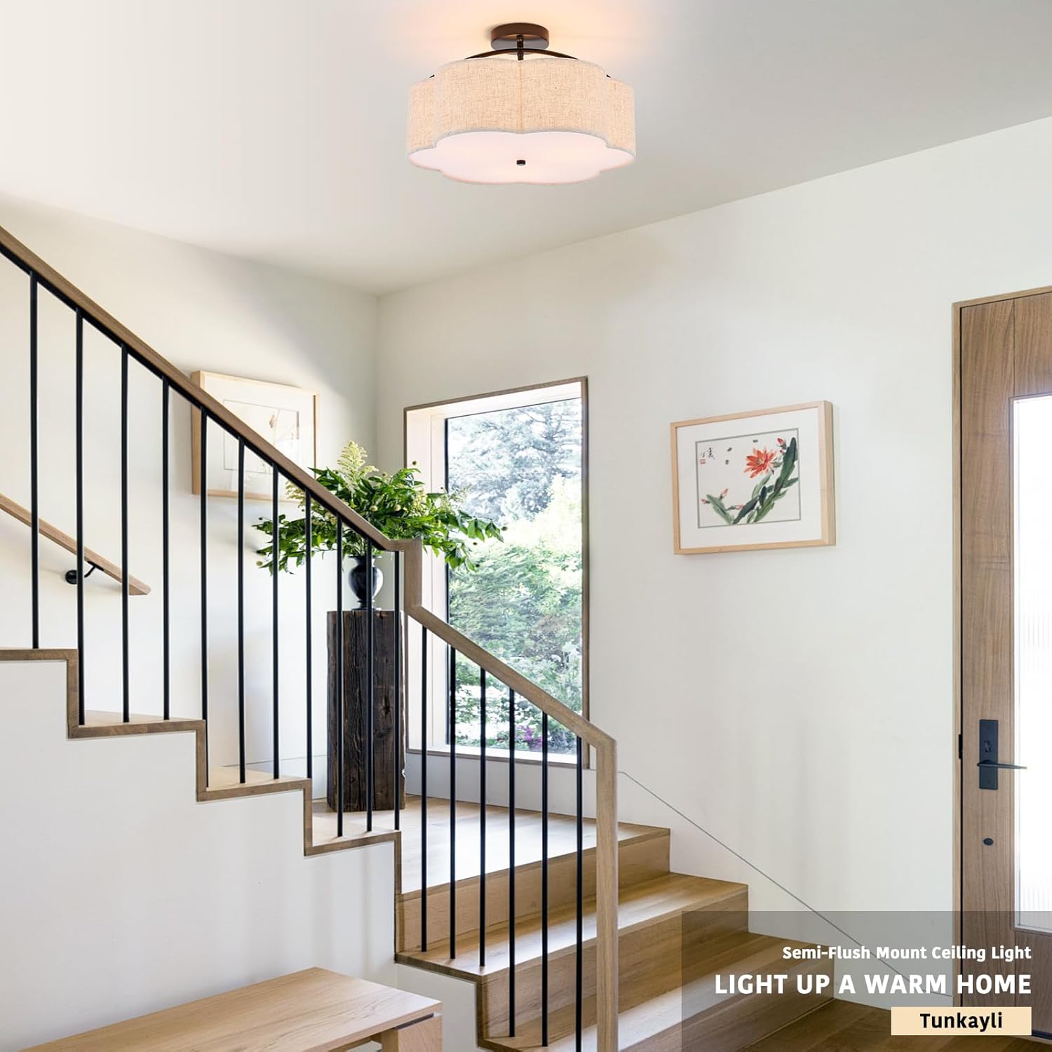 18" Semi Flush Mount Ceiling Light Modern 3-Lights Black Drum Ceiling Light Fixture with Fabric Linen Shade, Vintage Modern Ceiling Lighting for Laundry Room, Kitchen, Basement, Bedroom