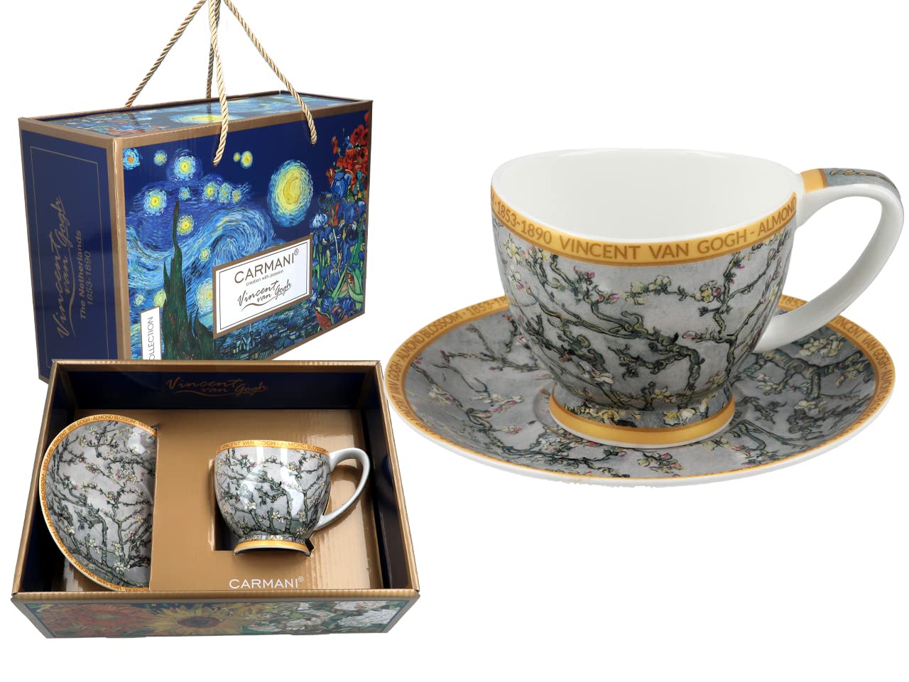 CARMANI - Taza de té y platillo de cerámica con Vincent Van Gogh, flor de almendra 350ml