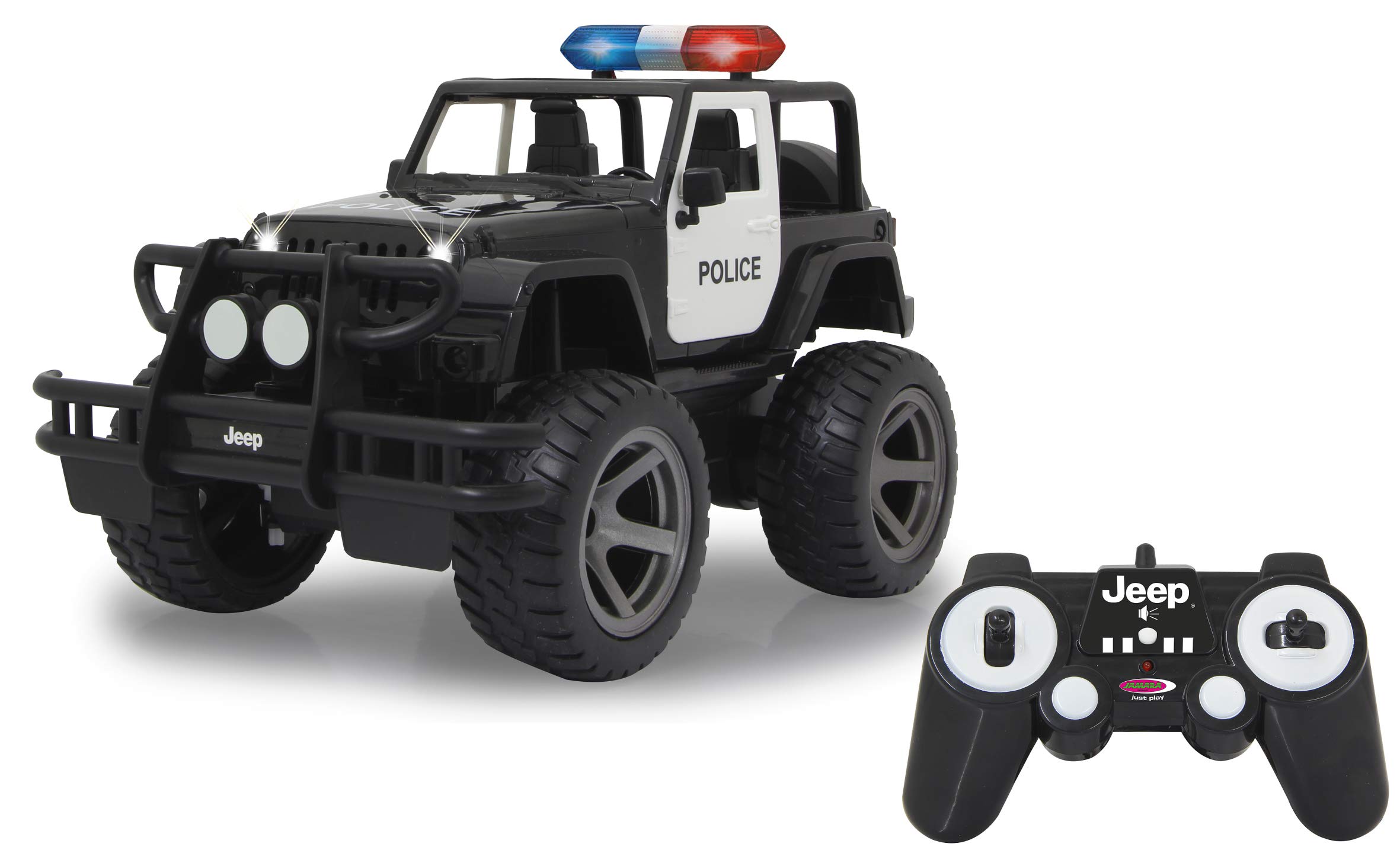 Jeep Wrangler Police 1:12 2,4 GHz – 9 km/h, syrena włączana, poręczne profilowane opony balustrady, przedni bagażnik zapewnia mocny wygląd, sprężynowa oś tylna, regulowany tor