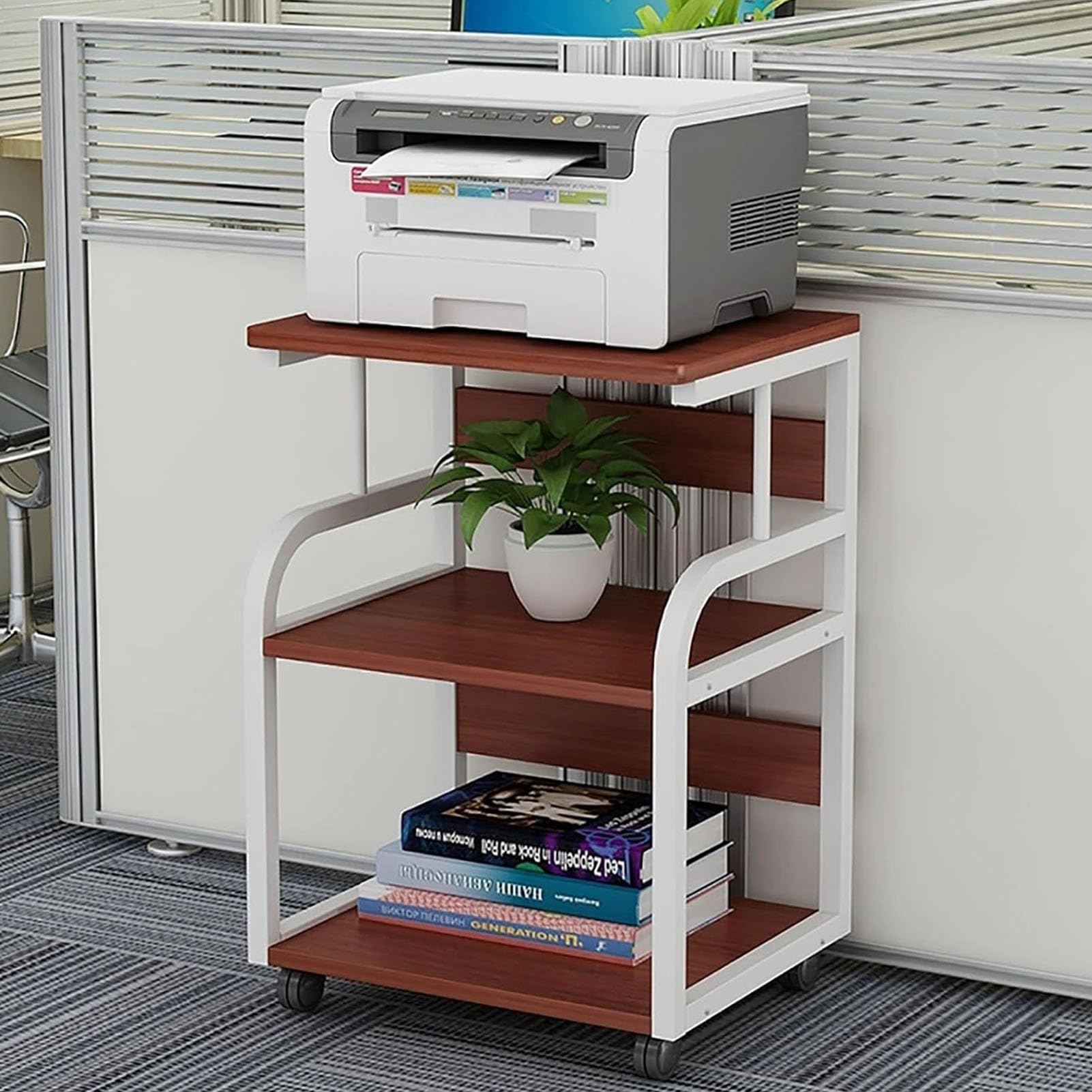 Carrello multifunzione per stampante su ruote, ripiano a 2/3/4 ripiani per forniture per ufficio, supporto per stampante resistente, elegante bianco e noce, perfetto per uso domestico e ufficio