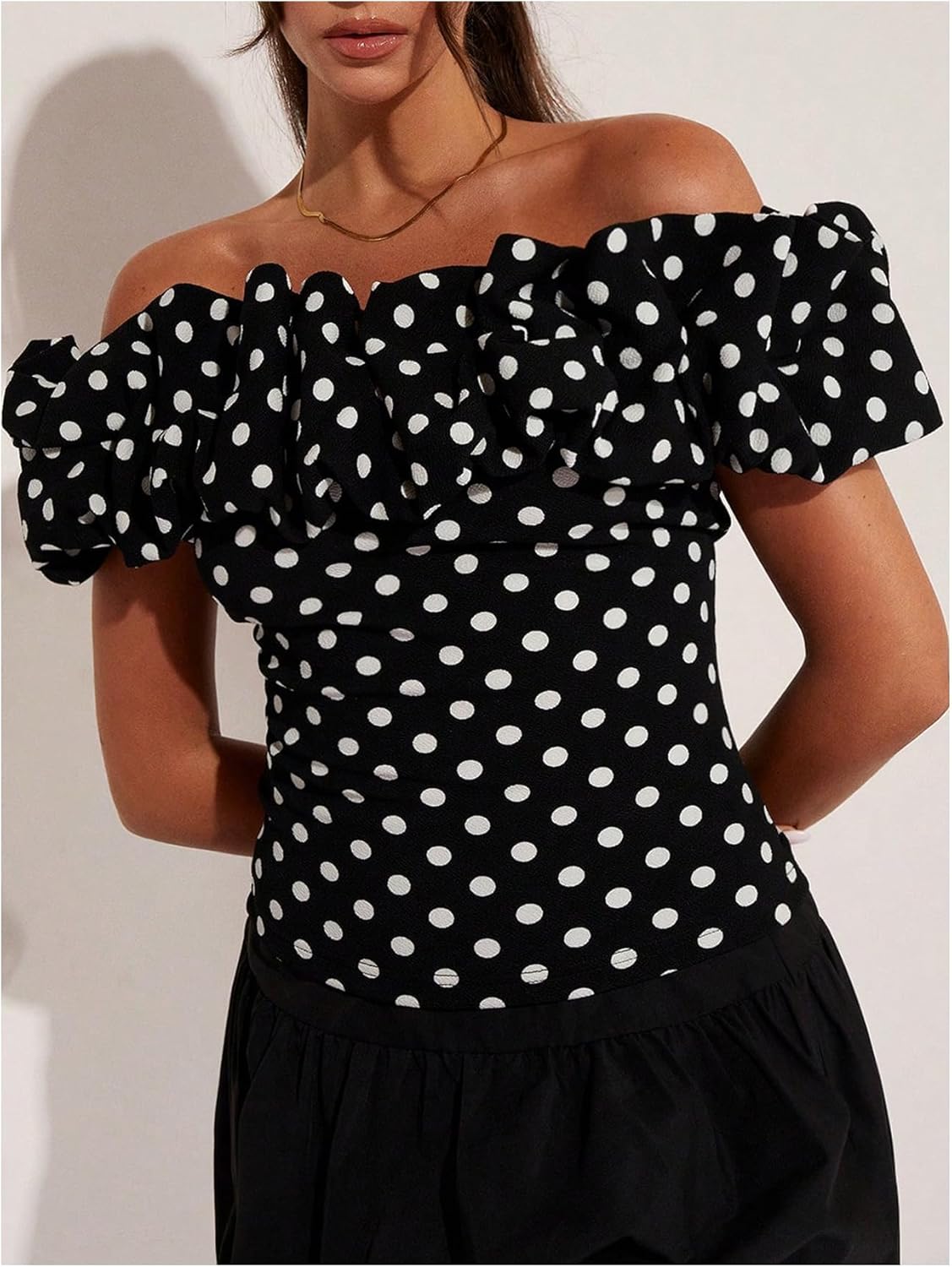 MakeMeChic Women's Polka Dots Blouse Off The Shoulder Ruffle Trim Short Sleeve Dressy Shirt Top - Image 5