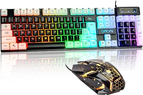 CHONCHOW Combo de teclado y mouse iluminados, teclado LED RGB para juegos de tamaño completo y mouse para juegos con cable arcoíris para PS4, PS5,