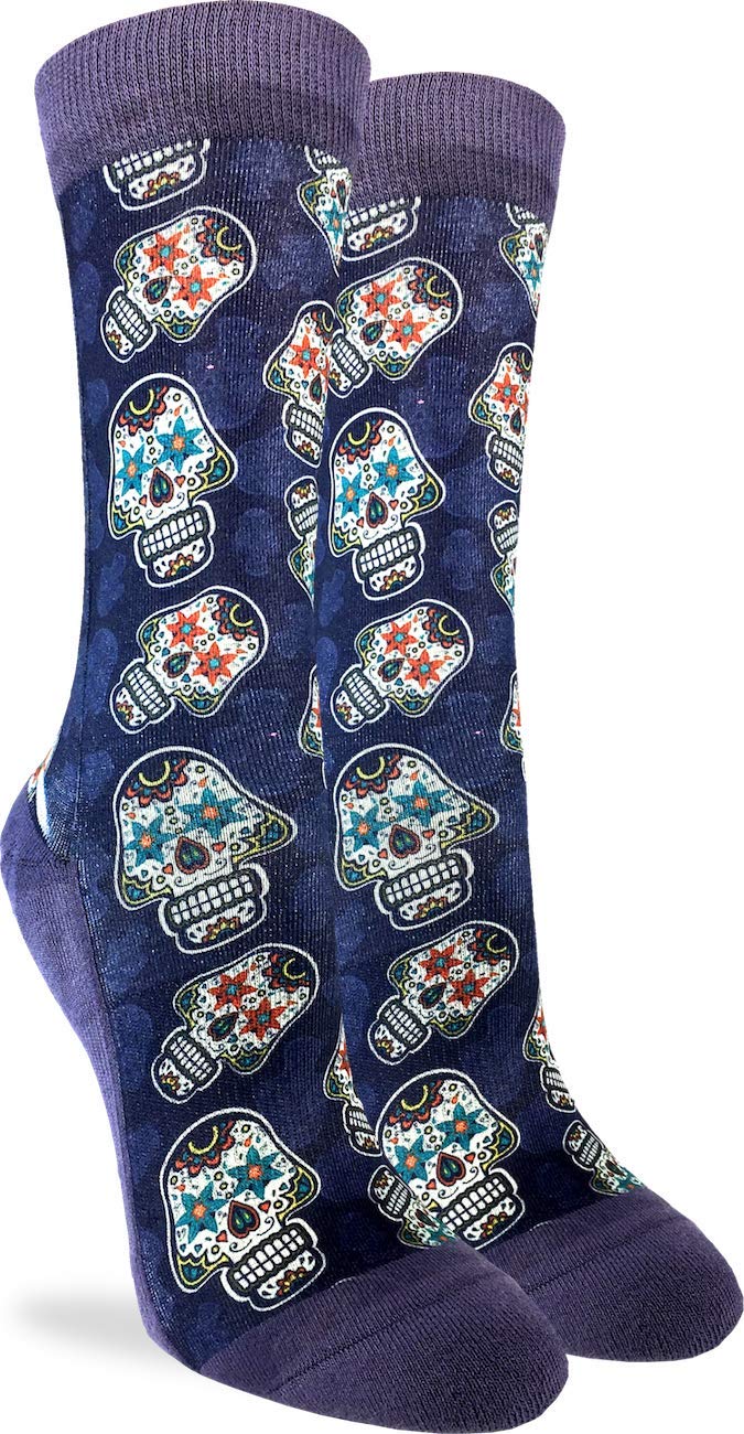 Good Luck SockWomen's Sugar Skulls Crew Socks - Purple, Adult Shoe Size 5-9