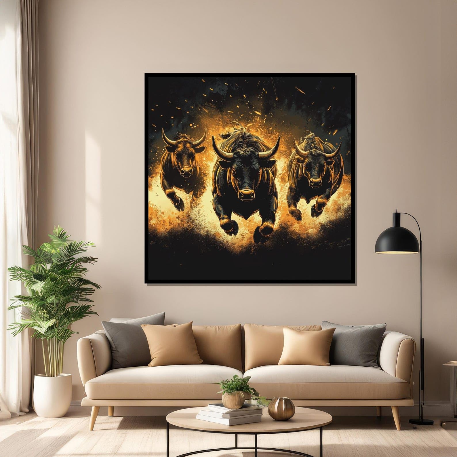 TONGYINLI Trzy atak byków drukuje abstrakcyjne płótno ścienne plakat byk obraz na płótnie obraz ścienny biuro dekoracja domu (80 x 80 cm/rama wewnętrzna)