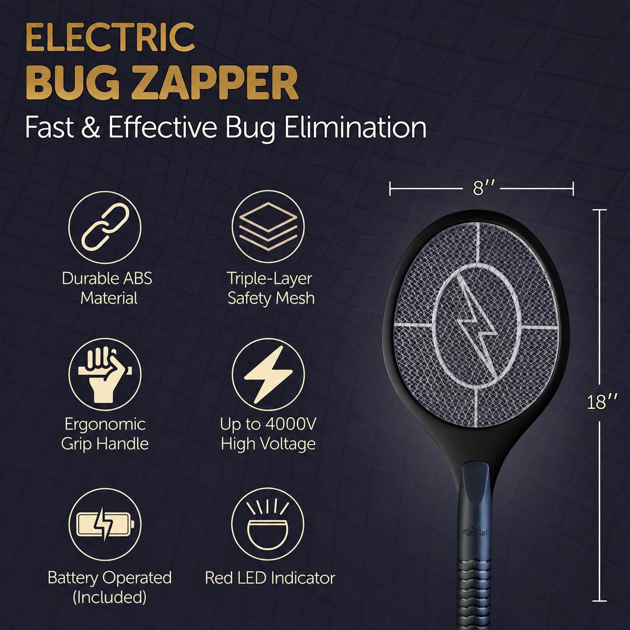 Raqueta matamoscas eléctrica y matamoscas para Control de Insectos en Interiores y Exteriores, Funciona con Pilas, Ligera y portátil, de Alto Voltaje, Color Negro
