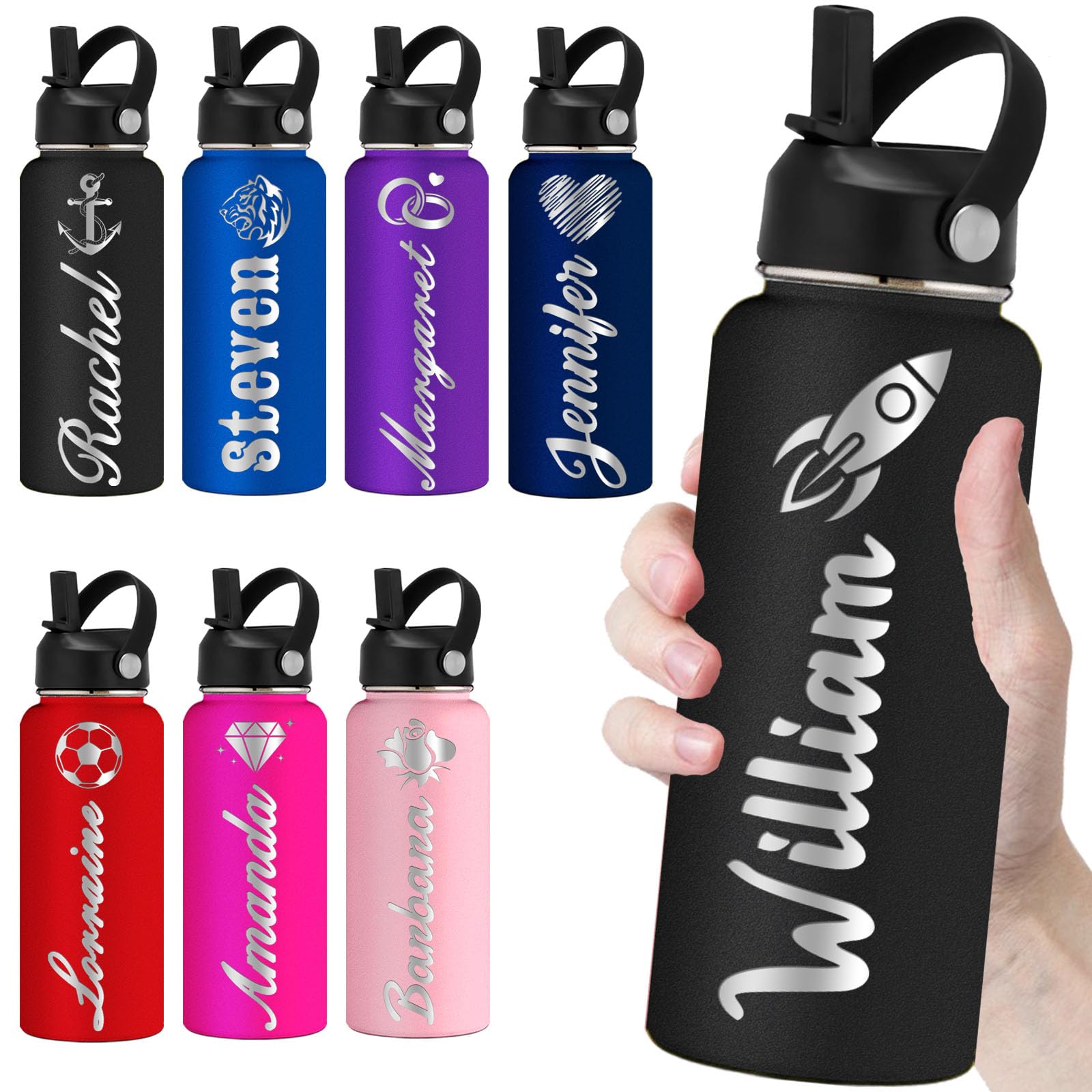Personalized Water Bottles with Straw 32oz Custom Engraved Water Bottle for School Customized Name Double Wall Insulated-Black — image 1