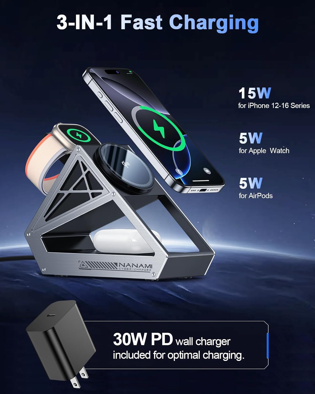 NANAMI Wireless Charging Station for Apple Watch, Qi2 Certified 3 in 1 15W Magnetic Wireless Charger Stand for iPhone 17/17 Air/16/15/14/13/12, AirPods 4/3/Pro/Pro 2, [Certified] Apple Watch Charger