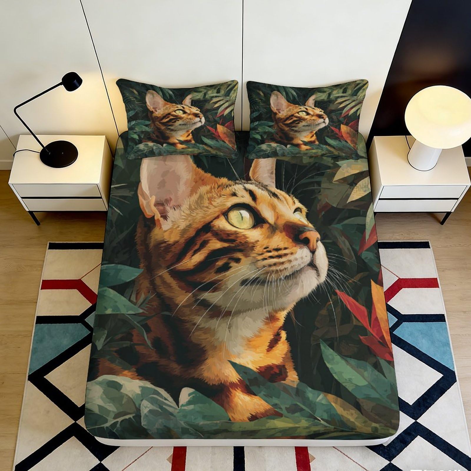 3D Printed Bengal Cat Fitted Sheet Microfiber Soft Breathable Jungle Leaves Bed Cover for Bedroom Dormitory Guest Room Mattress Protection Decor 140x200x25cm