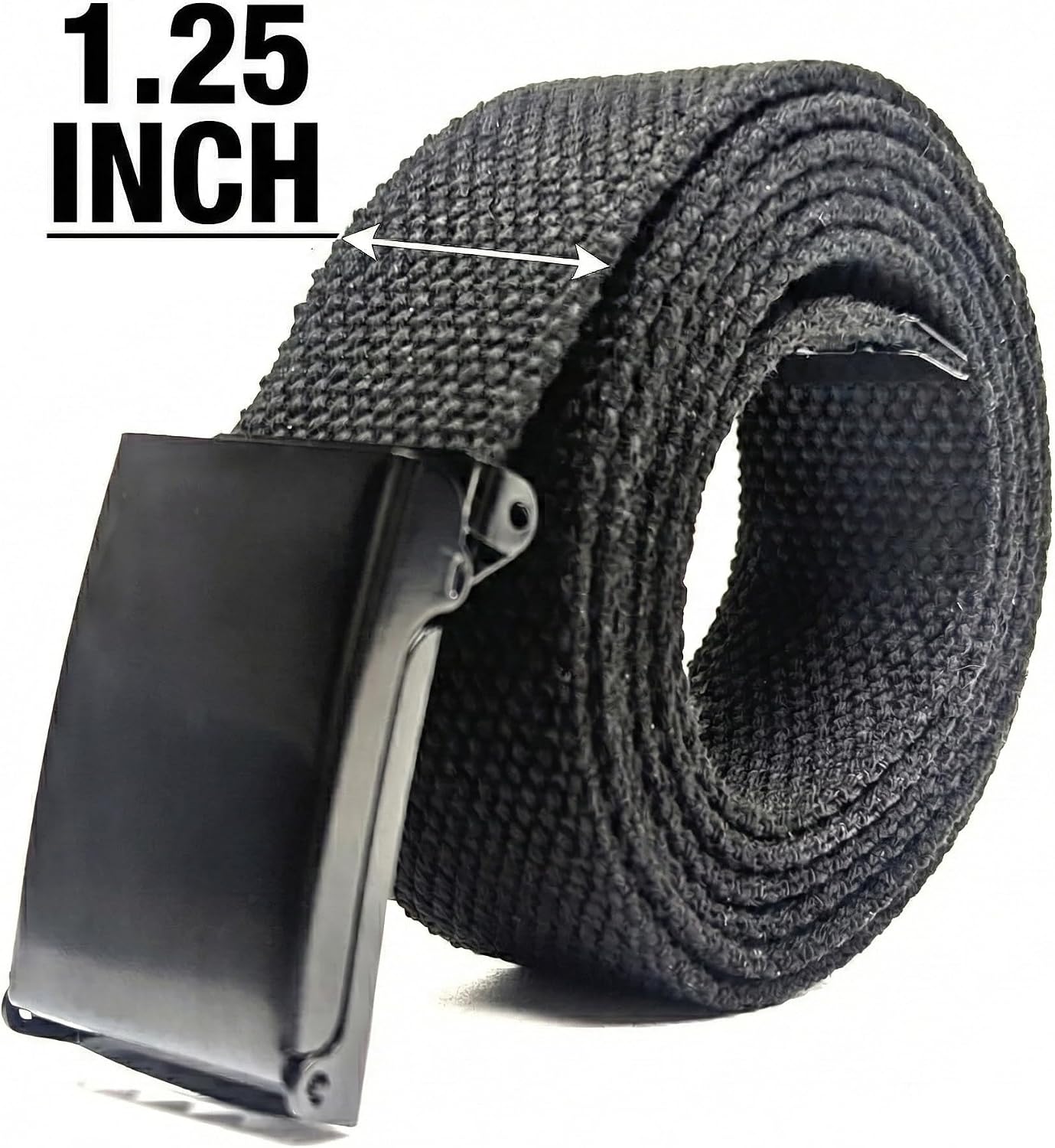 Cut To Fit Canvas Web Belt Size Up to 57" with Flip-Top Solid Black Military Buckle 1.25 inch wide
