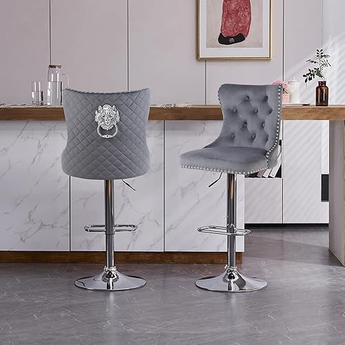 Miniatura 116 de Juego de 4 taburetes de bar giratorios ajustables de terciopelo con respaldo copetudo, ribete de cabezas de clavos y anillo de tracción, sillas de