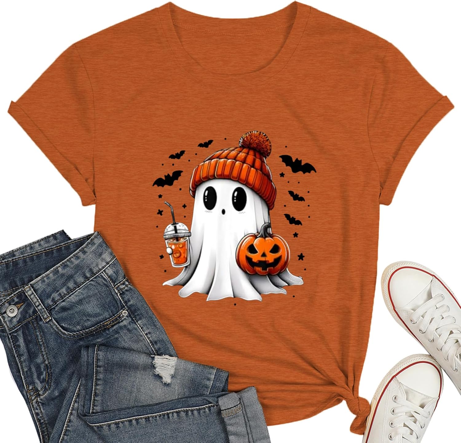 Halloween Ghost Shirts for Women Cute Pumpkin T-Shirt Fall Halloween Spooky Tee Tops