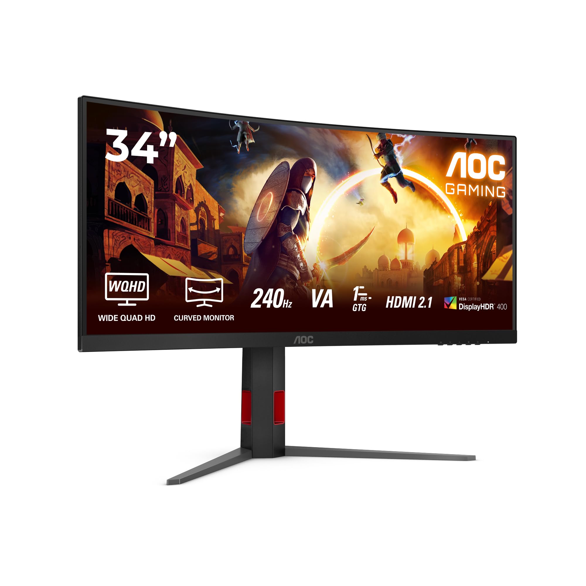 AOCCU34G4Z - 34 inch WQHD curved Gaming Monitor, 240 Hz, Fast VA, 0.3ms, FreeSync Prem, HDR400, Height adjust (3440x1440, 2x HDMI 2.1, 1x DisplayPort 1.4, USB Hub)