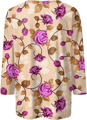 Miniatura 3 de Camisas de manga 34 para mujer, estilo bohemio, estampado, cuello redondo, casuales, básicas, blusas holgadas