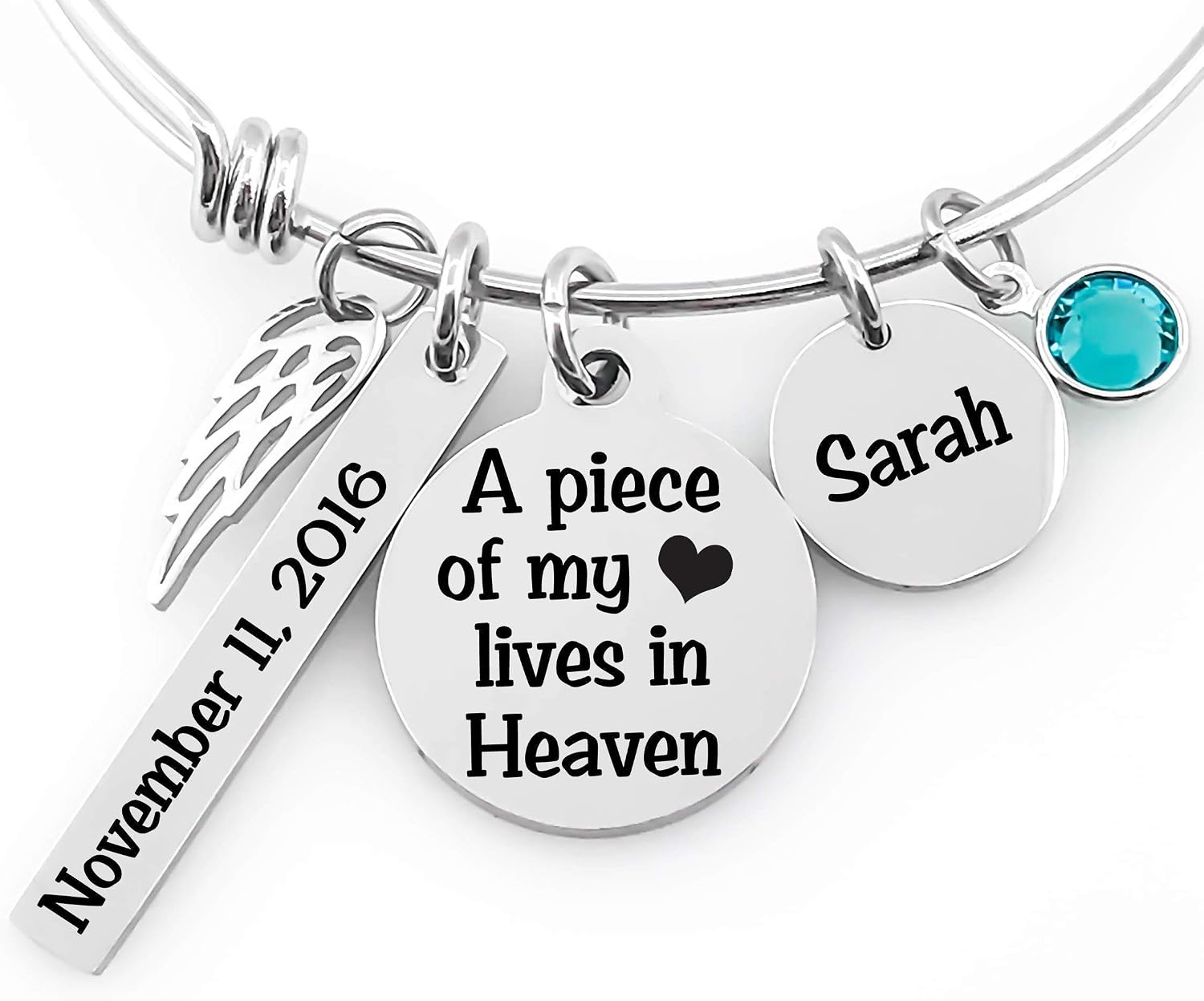 Memorial Jewelry Bangle -A piece of my heart lives in Heaven - Name Disc, Angel Wings & Birthstone Crystal