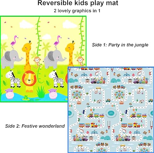 Miniatura 3 de Tapete de juego plegable extra grande con 2 gráficos en 1 para bebés, tapete de juego para bebés de 71 x 59 pulgadas para bebés de 0 a 6 meses, 6 a