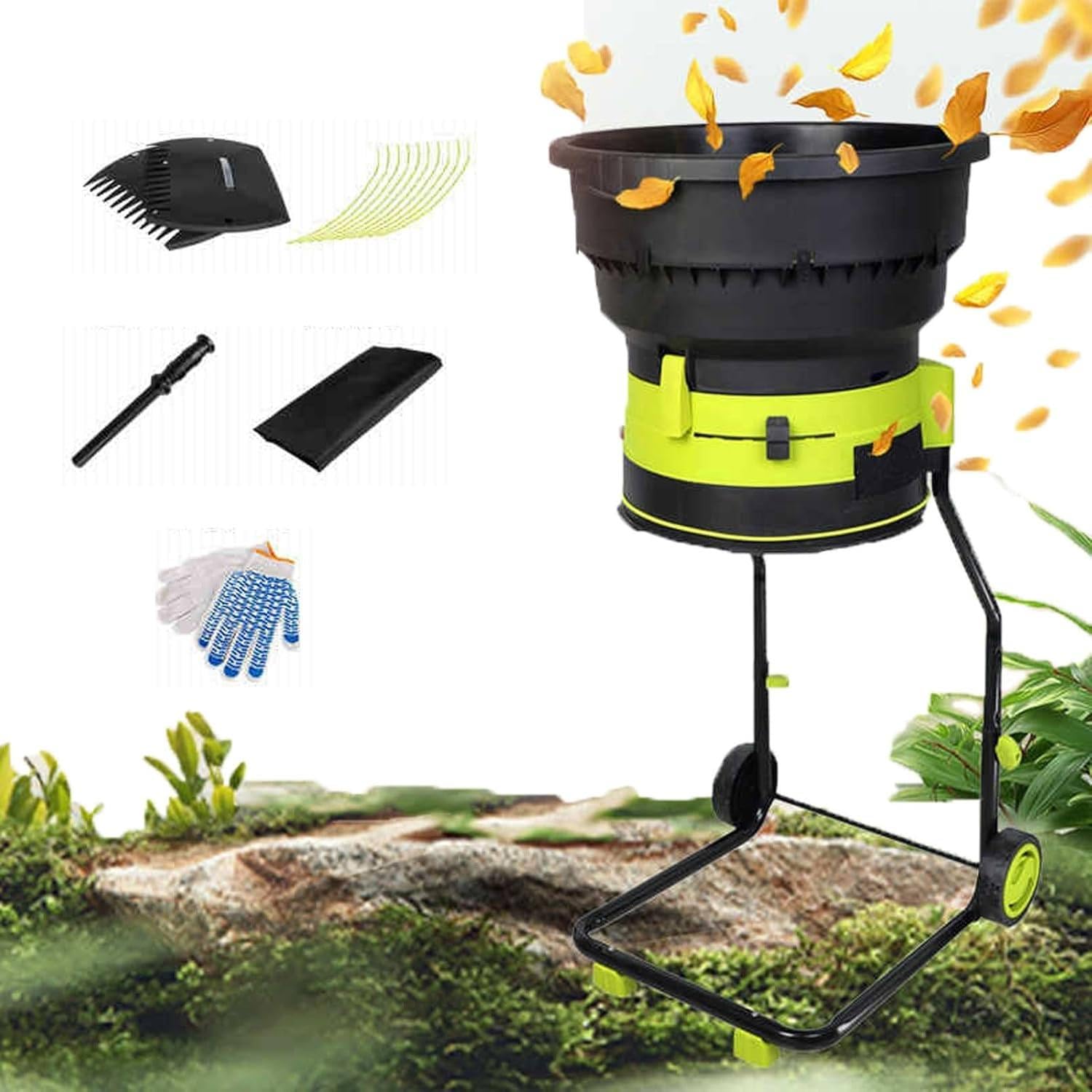 Mulchador/Desmenuzador de Hojas Eléctrico con Cable de 2500W, 8,000 RPM, con Ruedas y Bolsa de Almacenamiento, Tamaño de Corte Ajustable, Cable de Poder de 20m (20m)