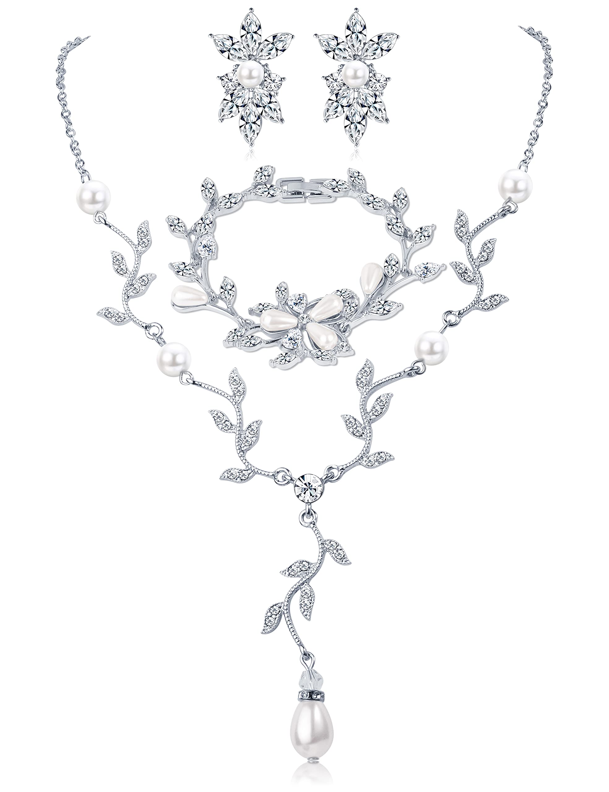 Adramata Juego de Joyas para Novia para Mujer Cristal Collar Pulsera Pendientes de Lágrima Plata Conjunto Collar y Pendientes Fiesta de Graduación Compromiso Boda Joyería para Dama de Honor