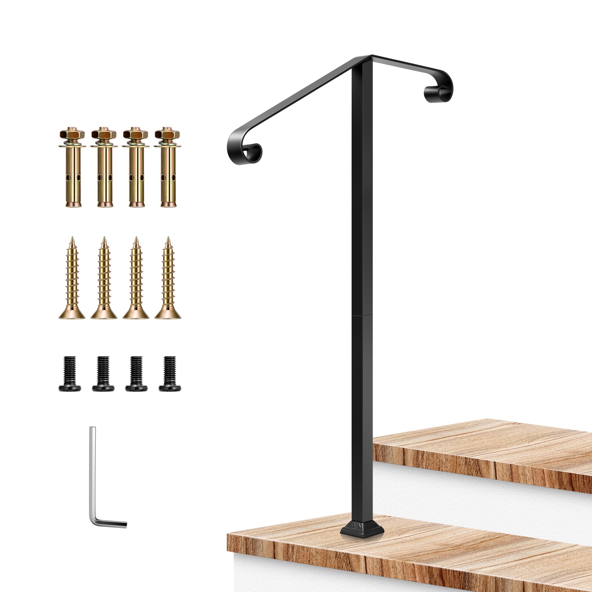 VIVOSUN Outdoor Handrail, 2 Step Stair Handrail, 19" x 39" Fits 1 to 2 Steps, Wrought Mattle Iron Stair Railing with Dual Curved Ends for Concrete Steps, Porch Steps, One-Step Assembly, Black